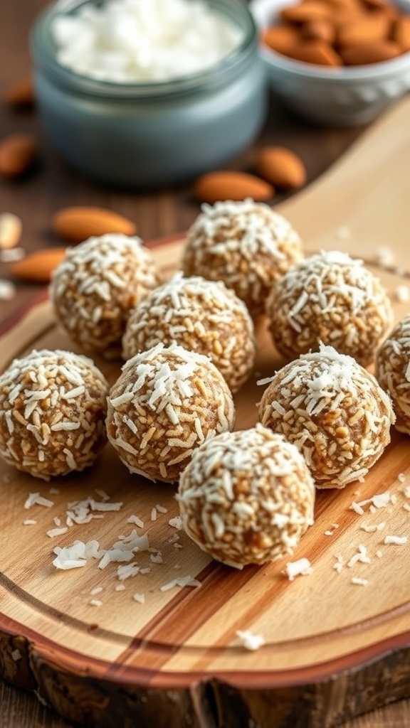 No-carb energy balls made with almond butter and coconut, displayed on a wooden board.